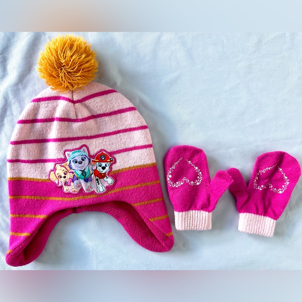 Youth OSFM PAW Patrol Pink Striped Winter Hat & Mittens Set –  Pom Beanie
